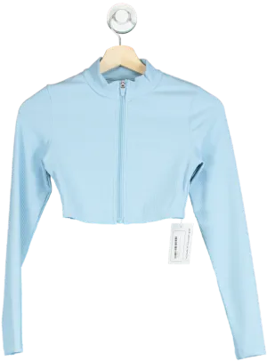 Light Blue Ribbed Cropped Zip-Up Jacket UK S