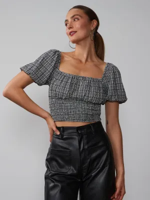Square Neck Plaid Smocked Blouse